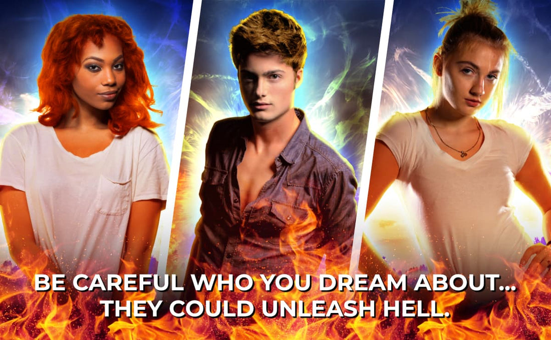 Collage of the three main characters of the Dreamwaker Saga: Wynter, Cash, and Jezebel.