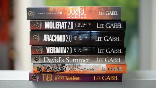 Stack of Lee's paperbacks.