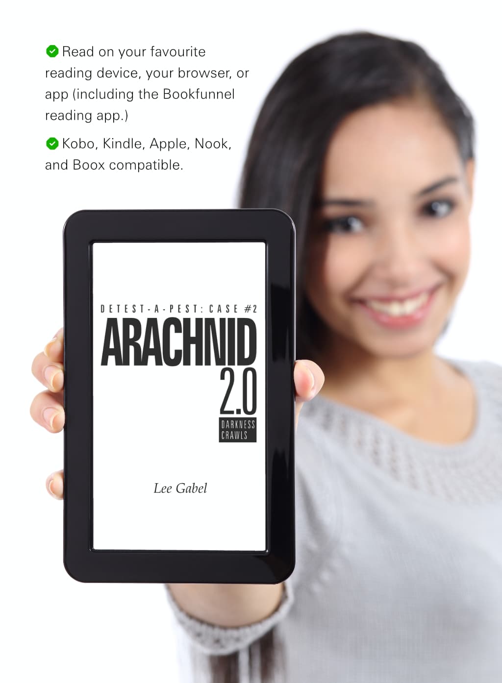 E-reader compatibility guarantee for Arachnid 2.0 e-book.