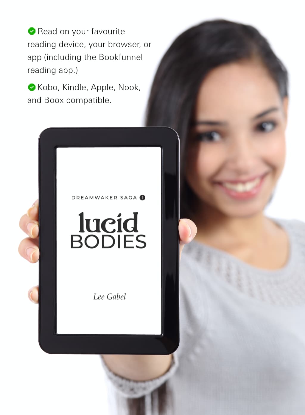 E-reader compatibility guarantee for Lucid Bodies e-book.