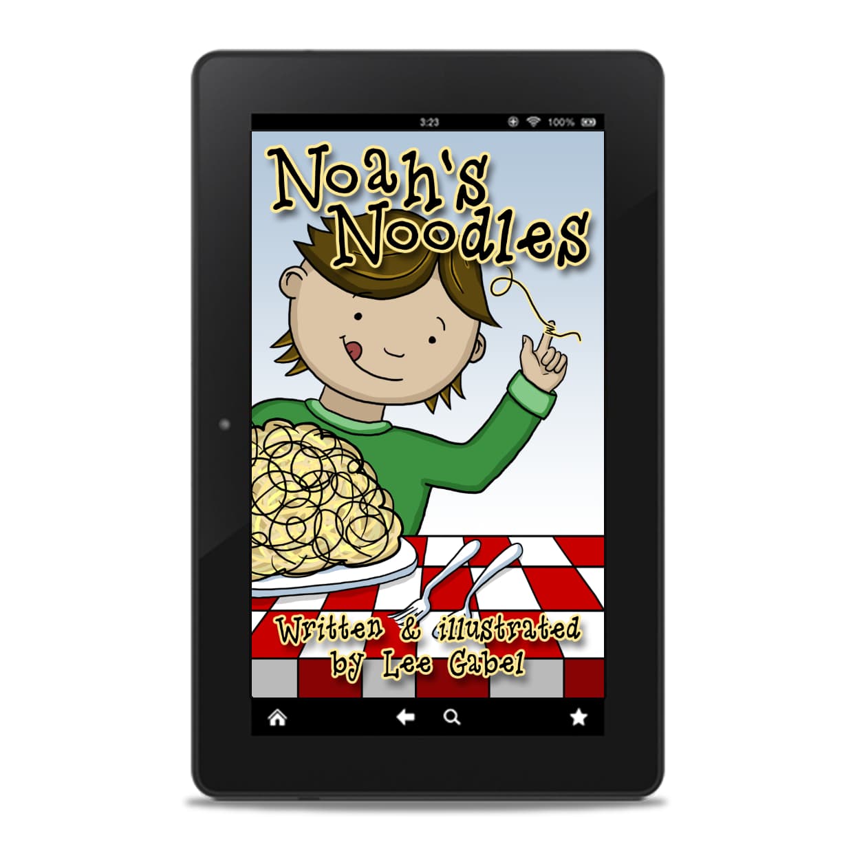 E-book cover of Noah's Noodles displayed on an e-reader.